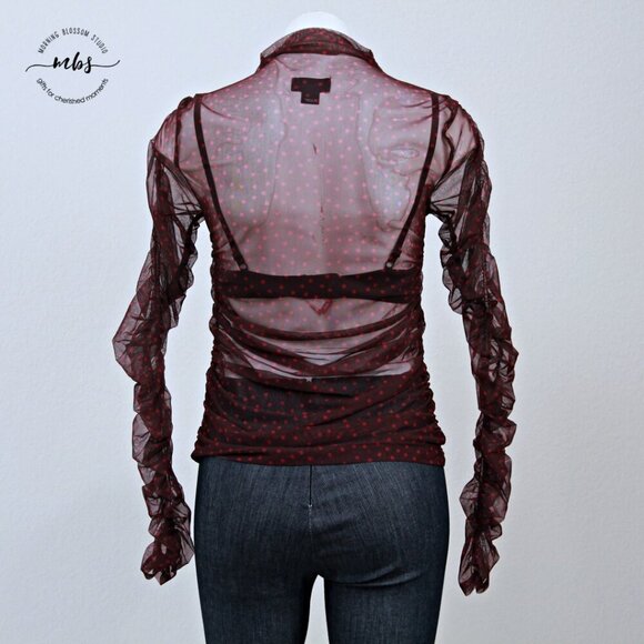 Maeve by Anthropologie Sheer Polka Dots Ruched Sleeve Top Burgundy Pink M - Picture 8 of 12